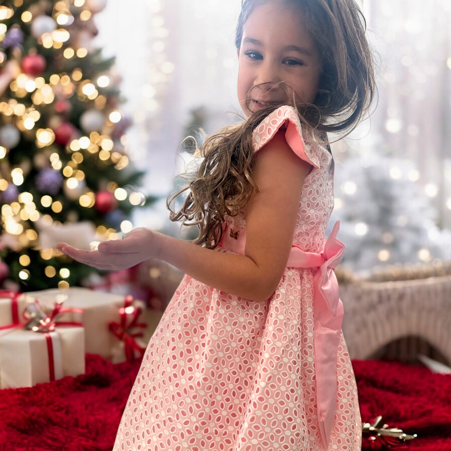 Pink embroidered bow, french style dress.