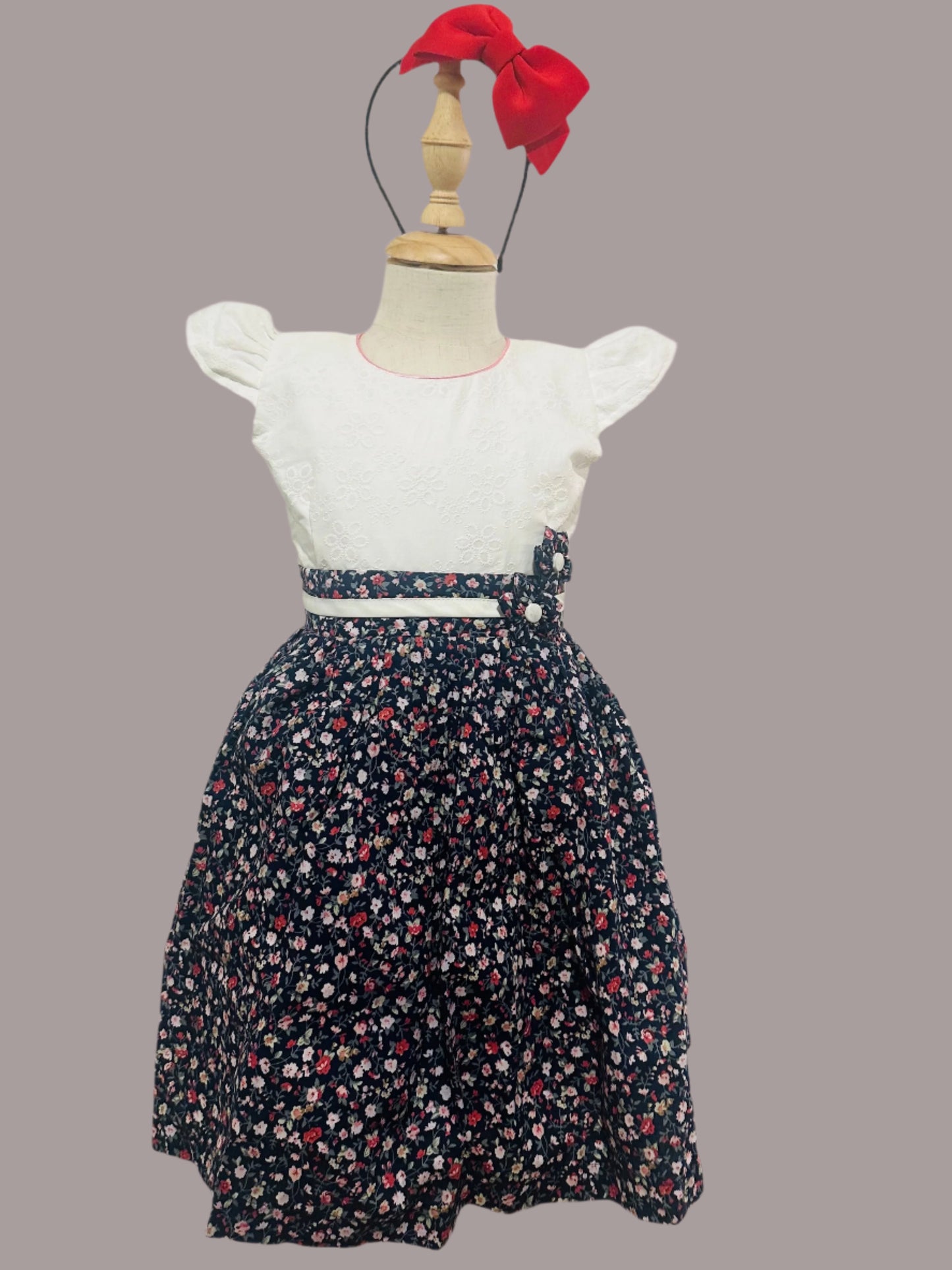 Bow floral dress- dark blue and red