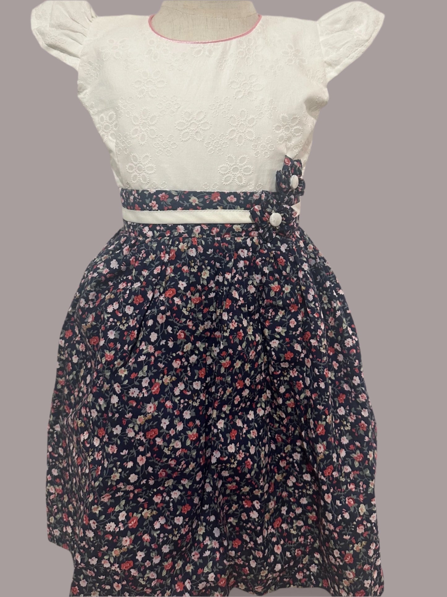 Bow floral dress- dark blue and red