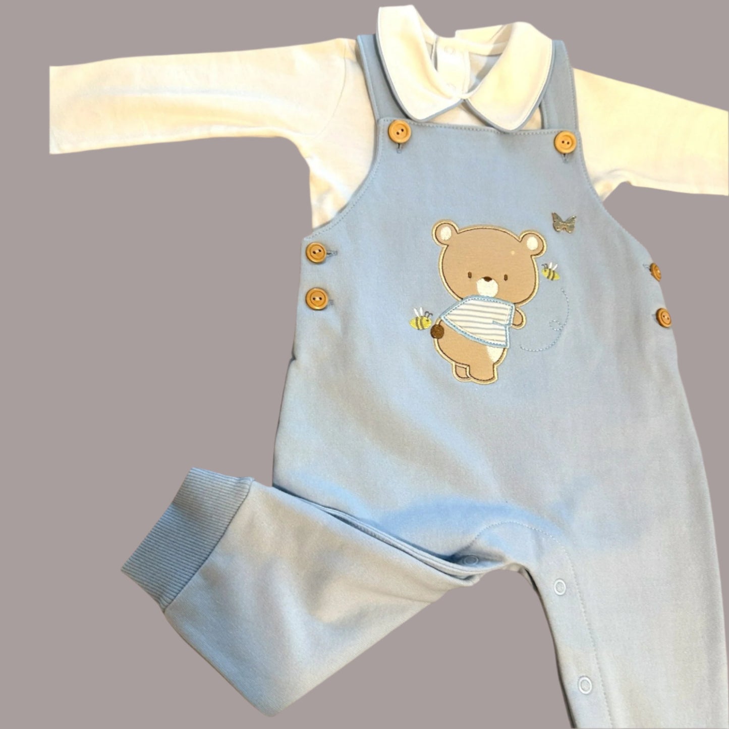 Teddy bear overall Romper 2 pieces baby blue Pima cotton