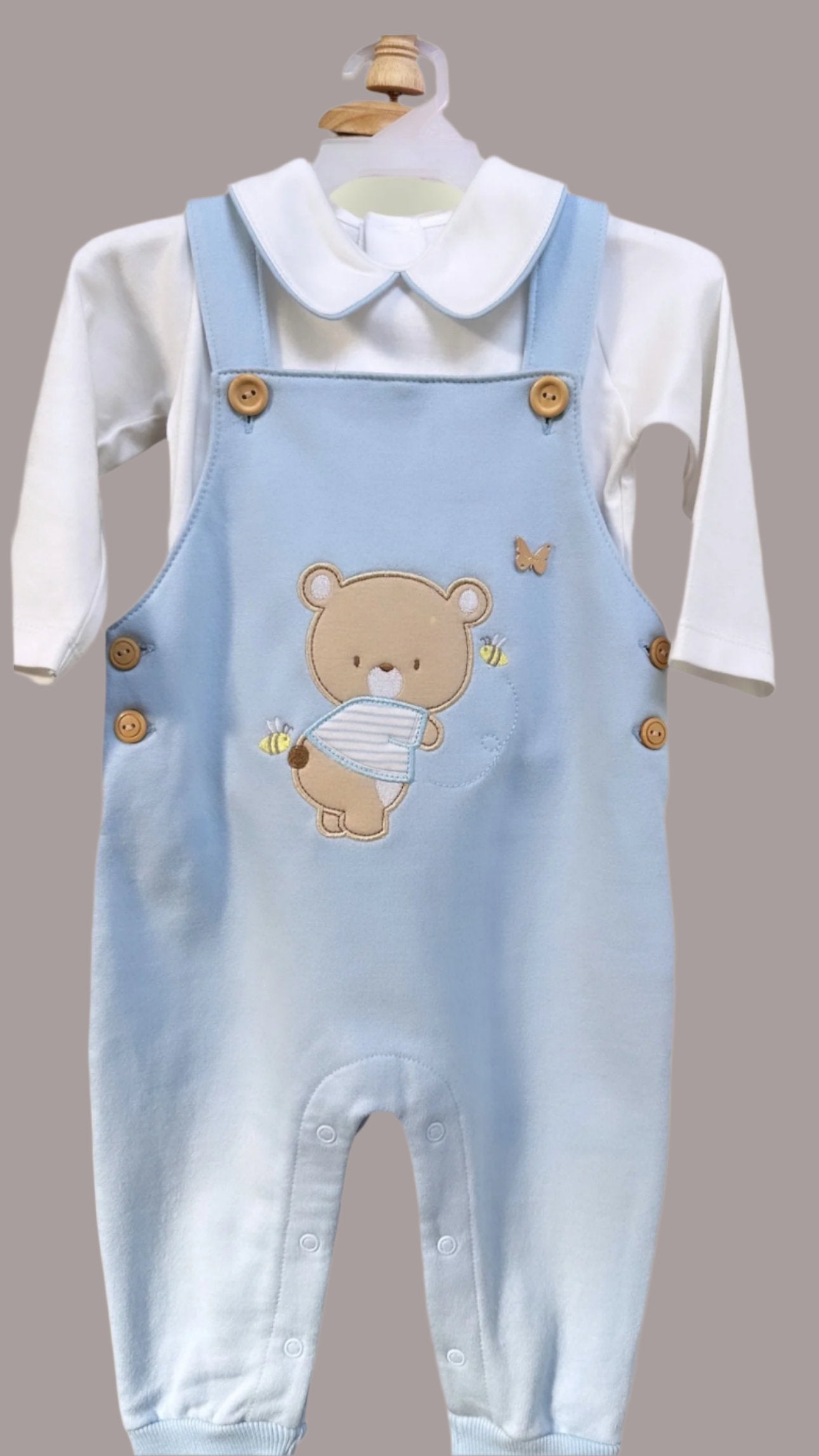 Teddy bear overall Romper 2 pieces baby blue Pima cotton